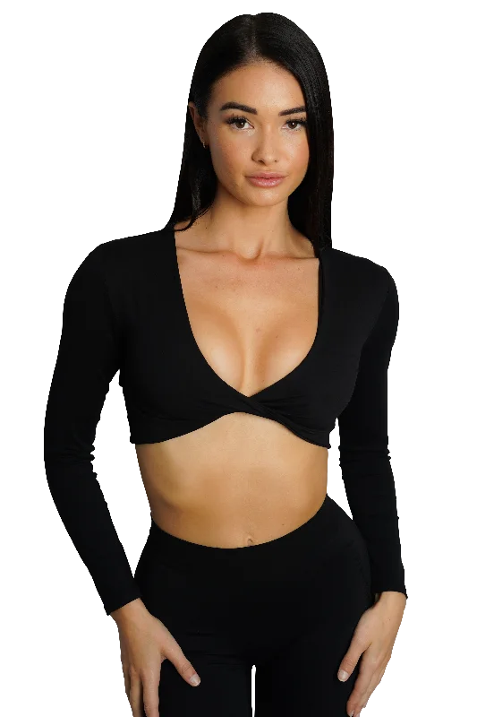 Breathable long sleeve shirts for hot weather-SCULPT LONG SLEEVE TWIST TOP - BLACK