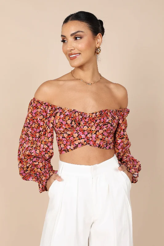 Warm long sleeve shirts for cooler weather-Jillian Cropped Top - Pink Floral