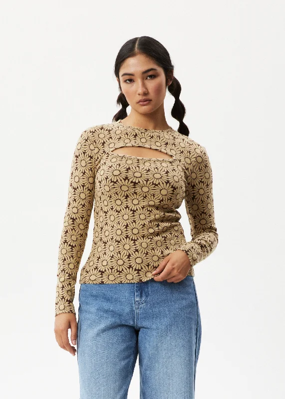 High-quality long sleeve shirts for print designs-AFENDS Womens Daisy - Long Sleeve Cut Out Top - Toffee