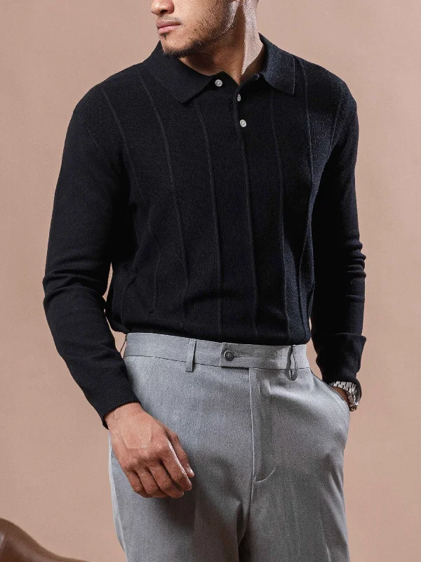 Long sleeve shirts with geometric patterns for trendy looks-Roma Polo Knit - Black