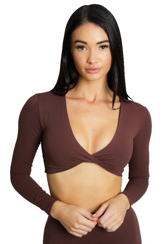 Custom long sleeve shirts for promotional events-SCULPT LONG SLEEVE TWIST TOP - BROWN