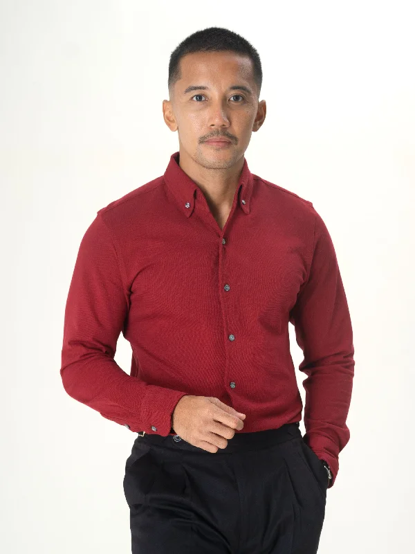 Lightweight long sleeve shirts for warm weather layering-Long Sleeve Polo Shirt - Red Burgundy Button Down