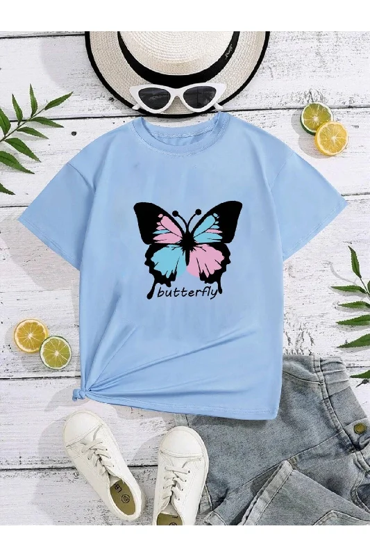 Moisture-wicking T-shirts for active individuals-Crew Neck New Butterfly Printed Girl's T-Shirt