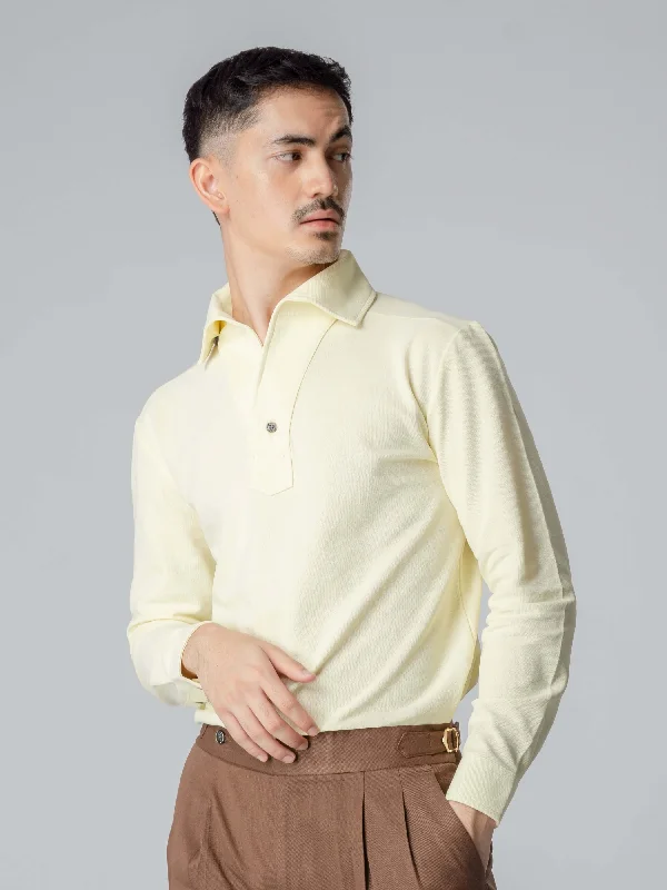 Custom long sleeve shirts for corporate branding-Long Sleeve Polo Shirt - Light Yellow One-Piece Collar Single Button