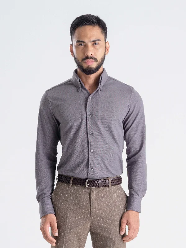 Comfortable long sleeve shirts for lounging and relaxation-Long Sleeve Polo Shirt - Smokey Grey Button Down