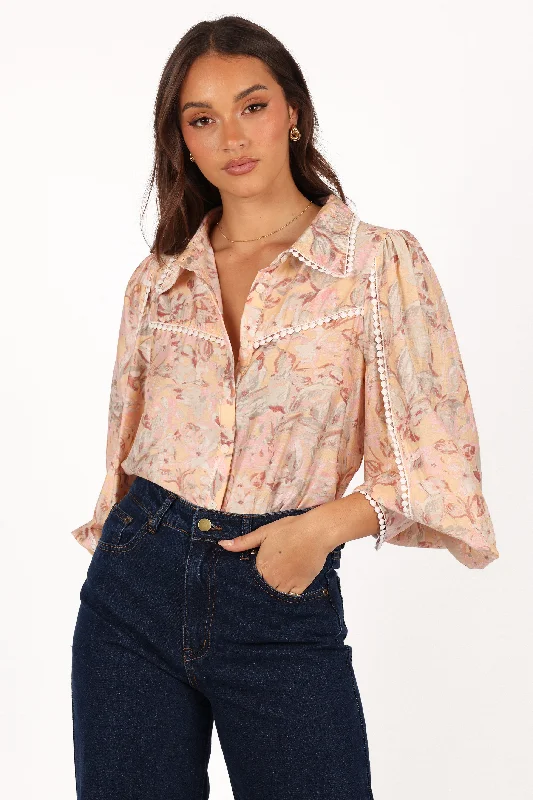 Comfortable long sleeve shirts for everyday use-Floria Top - Beige Floral