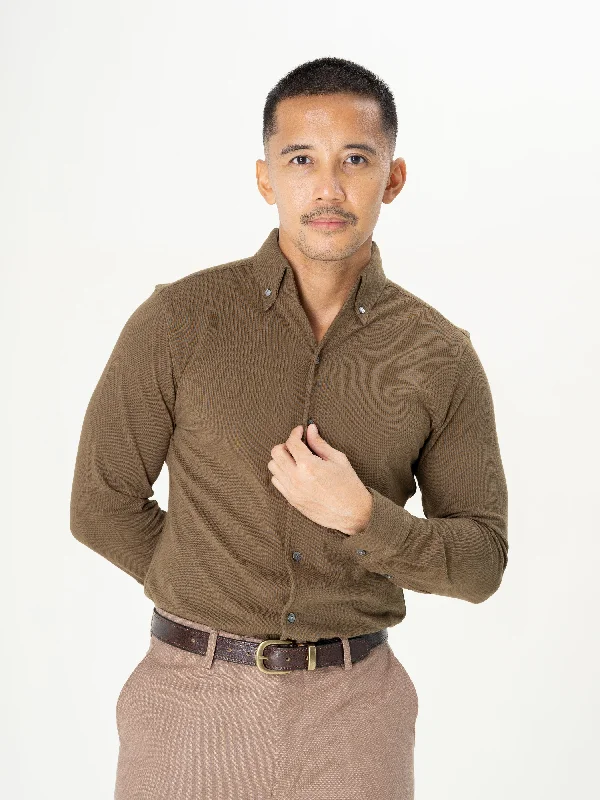 Comfortable long sleeve shirts with moisture-wicking fabric-Long Sleeve Polo Shirt - Olive Green Button Down