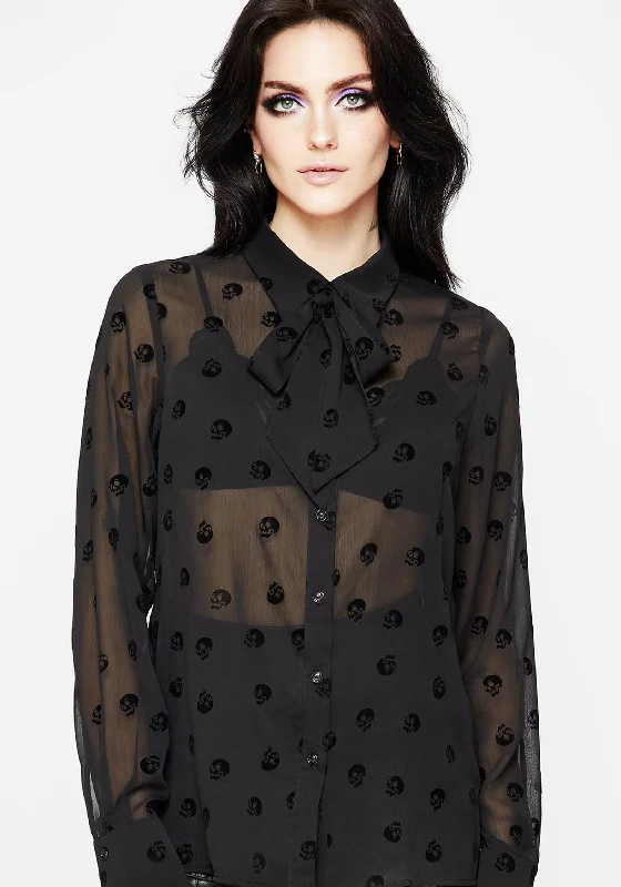 Eco-friendly long sleeve shirts made from organic cotton-Bones Flocked Chiffon Button Up Blouse