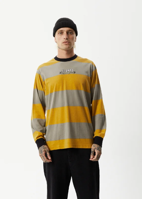 Classic button-down long sleeve shirts for professional wear-AFENDS Mens Space - Striped Long Sleeve Logo T-Shirt - Mustard Stripe