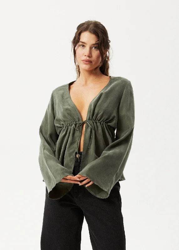 Warm long sleeve shirts for cooler weather-AFENDS Womens Grace - Cupro Tie Blouse - Deep Green