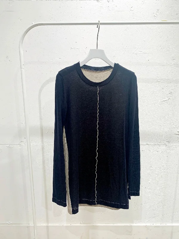 Trendy long sleeve shirts with asymmetrical designs-リヨセルシルクセンター切り替えプルオーバー