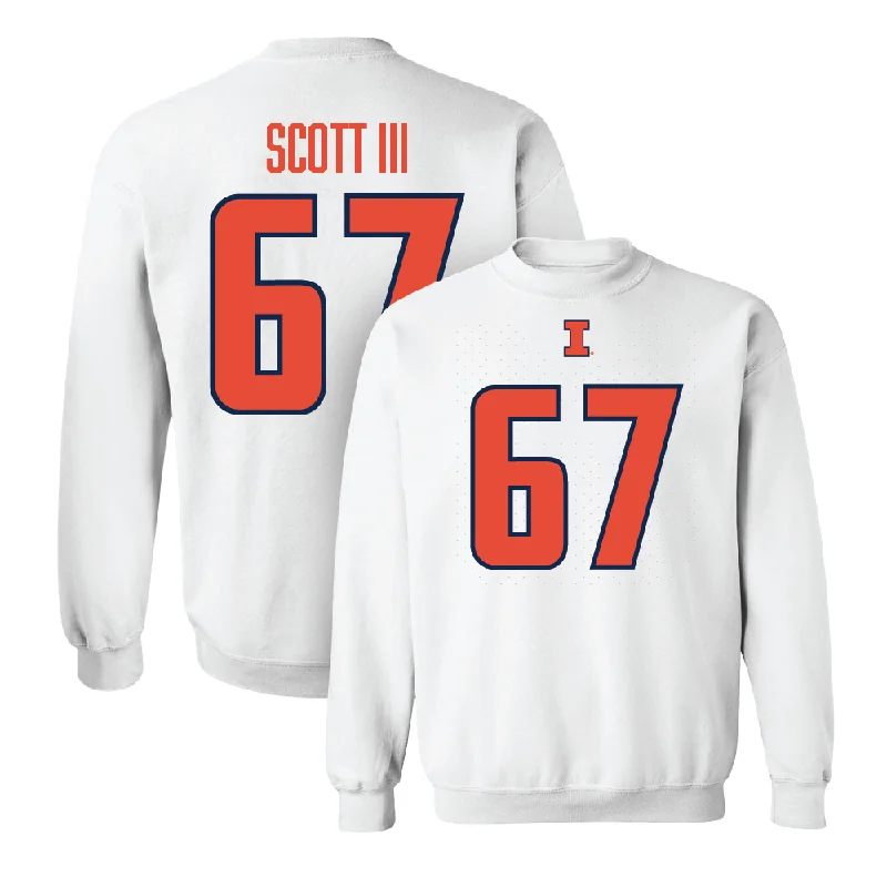 Trendy long sleeve shirts with sporty accents-White Illinois Player Crew     - Steven Scott III