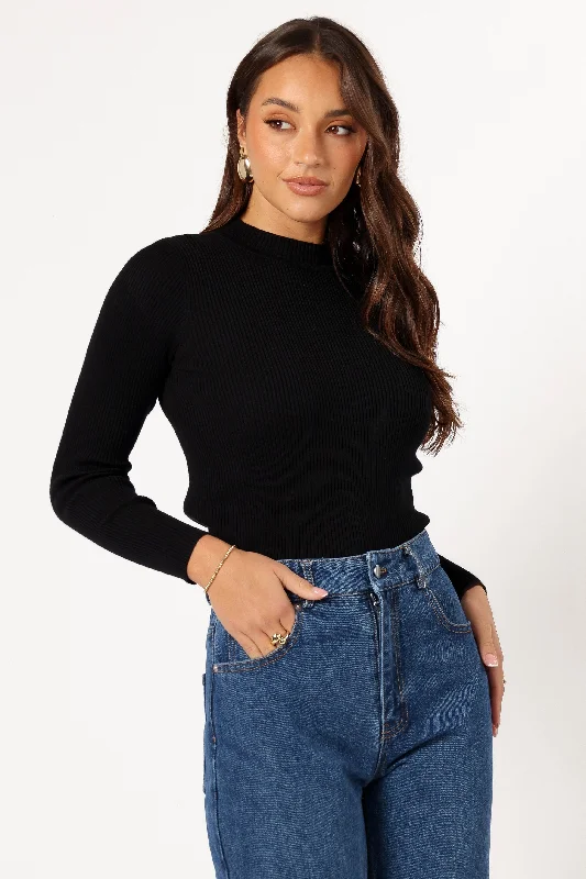 Long sleeve shirts with deep V-necks for a stylish edge-Tammy Ribbed Knit Top - Black