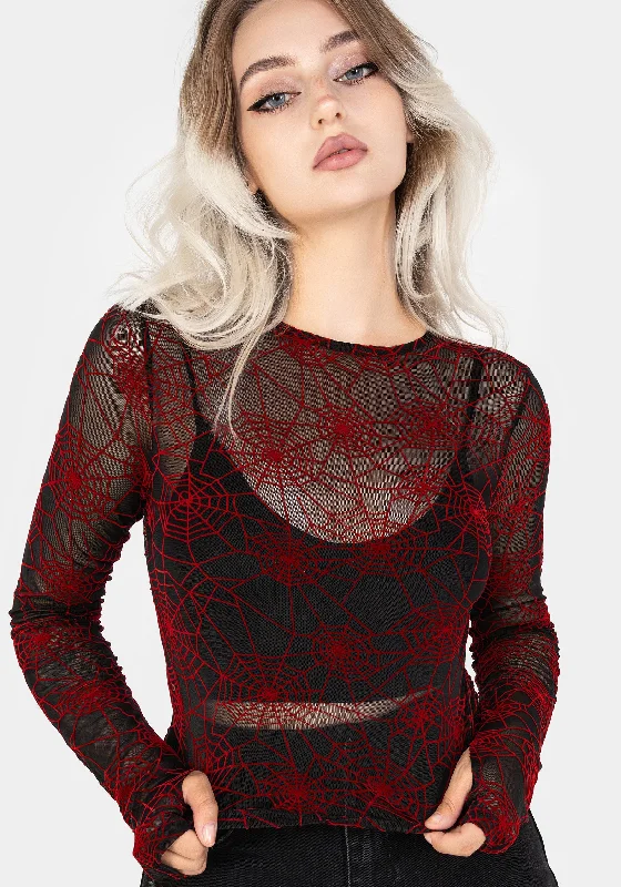 Long sleeve shirts with a crew neck for casual style-Venom Flocked Mesh Top - Red