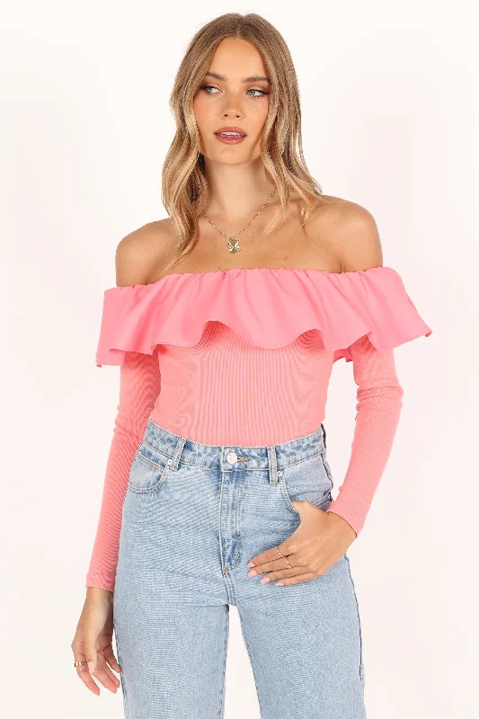 Custom long sleeve shirts with embroidered logos-Cloe Off Shoulder Top - Pink