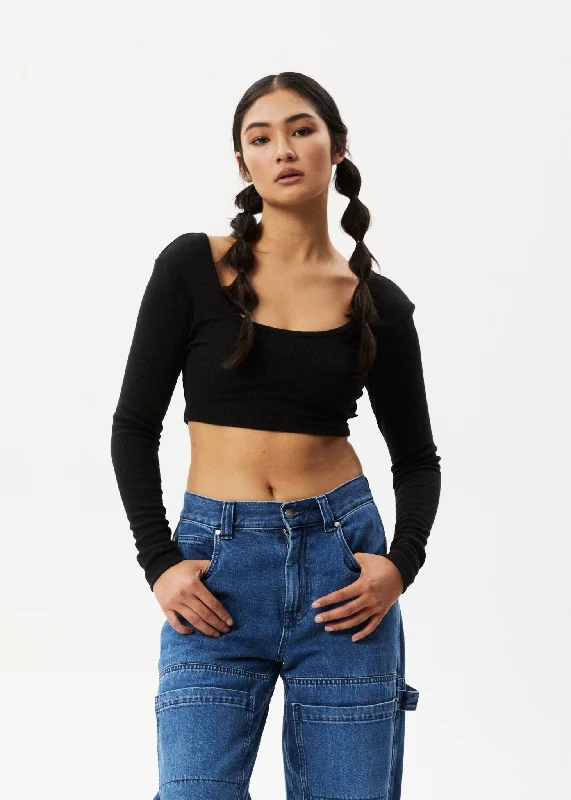 Long sleeve shirts with extra length for a modern, elongated look-AFENDS Womens Milla - Ribbed Long Sleeve Cropped Top - Black