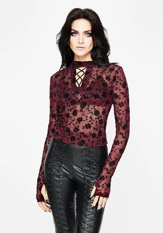 Trendy long sleeve shirts with bold color-blocking designs-Theodora Floral Mesh Long Sleeve Top