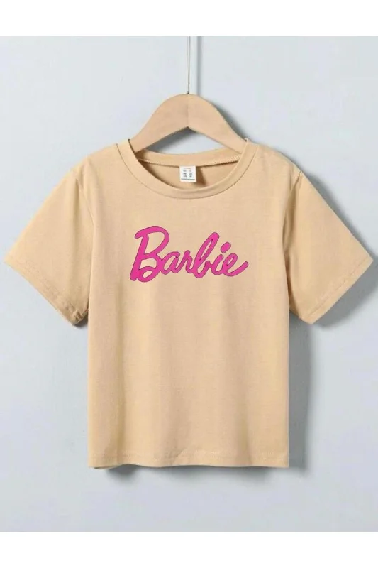 Trendy graphic T-shirts for young adults-Kids Unisex Oversize Beige Barbie Printed T-shirt