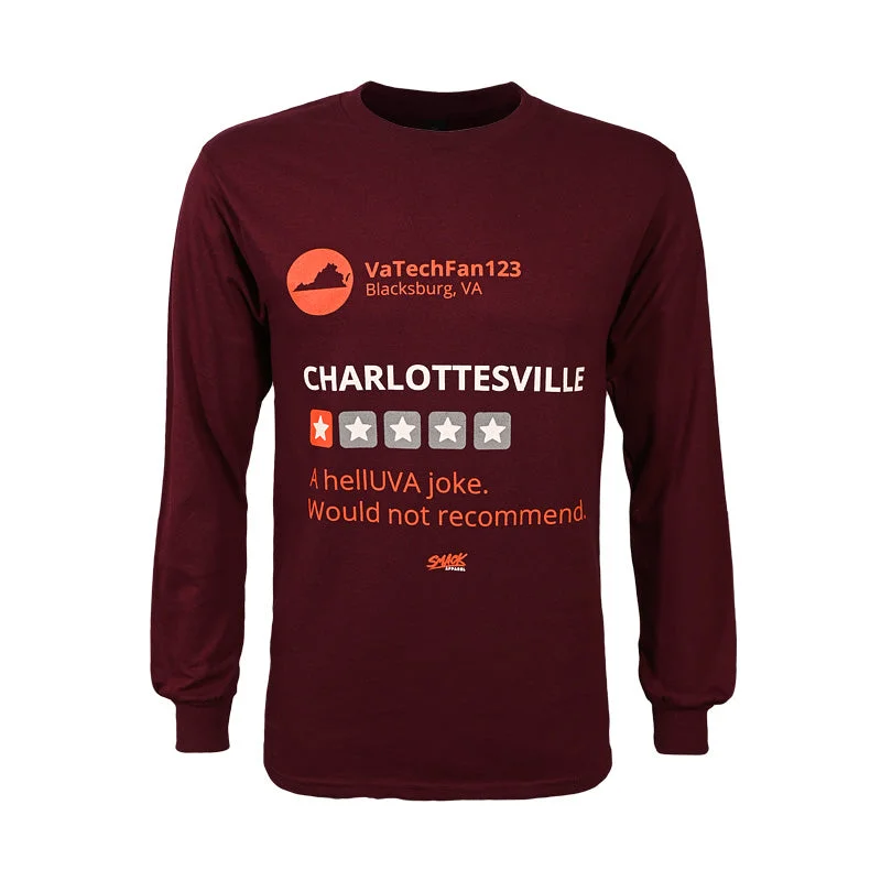 Cool T-shirts with seasonal graphics for summer or winter-Blacksburg Fan Review of Charlottesville Long-Sleeved T-Shirt: Maroon by Smack Apparel