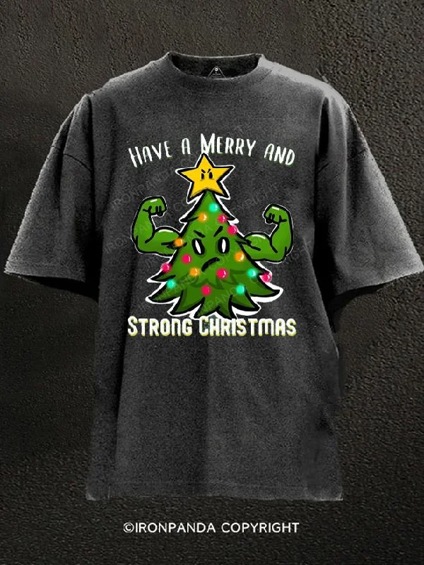 T-shirts with humorous slogans for fun fashion-Christmas Tree with Muscles Strong Washed Gym Shirt