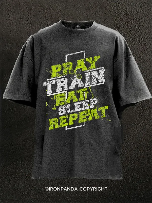 Stylish T-shirts with graphic designs for casual wear-Pray, Train, Eat, Sleep, Repeat Washed Gym Shirt