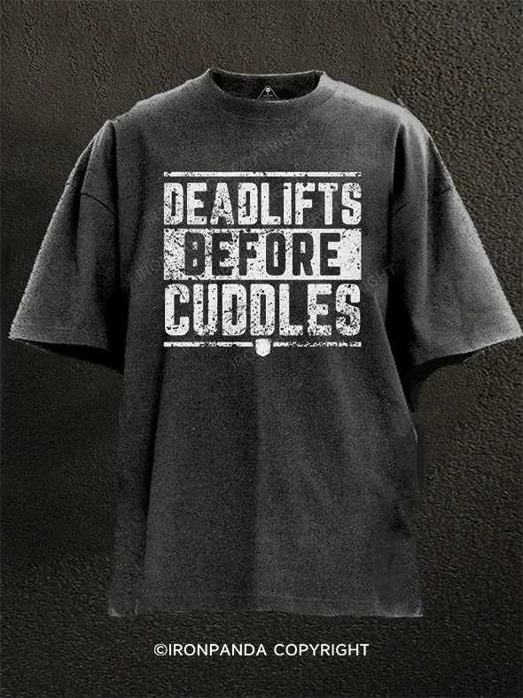 Custom printed T-shirts with logos-Deadlifts Before Cuddles Washed Gym Shirt