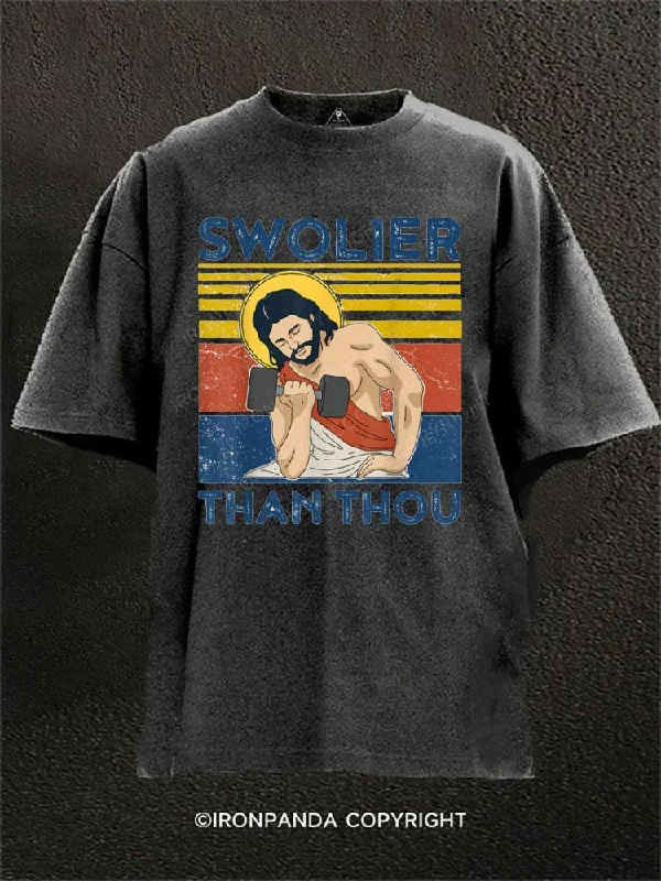 Custom T-shirts with funny quotes-Swolier THAN THOU Washed Gym Shirt