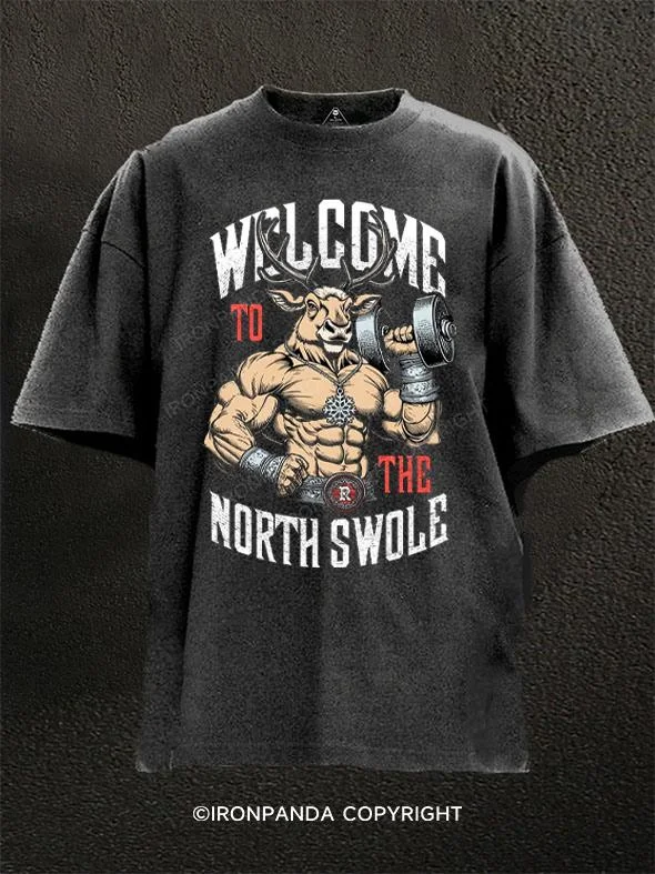 Graphic T-shirts with pop culture references-Welcome To The North Swole Christmas Reindeer Washed Gym Shirt