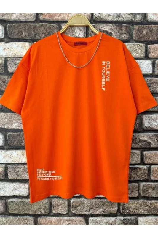 T-shirts with positive affirmations for good vibes-Men's Orange Believe Printed Oversize T-shirt