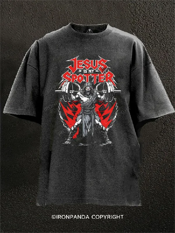 Graphic T-shirts with pop culture references-Jesus Is My Spotter Washed Gym Shirt