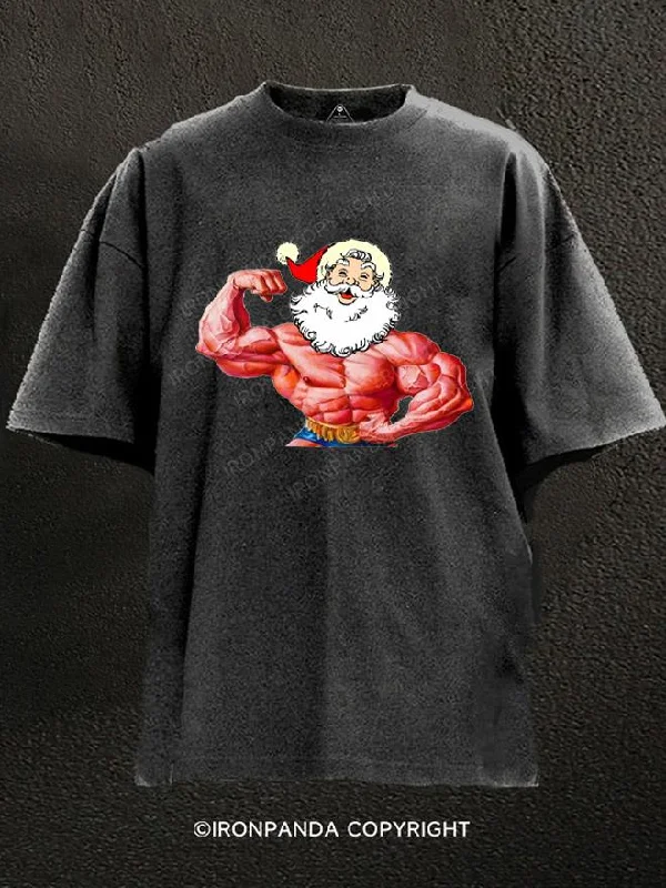 Custom T-shirts with artistic designs for exhibitions-Santa Claus Gains Flexing Faith and Fitness Washed Gym Shirt