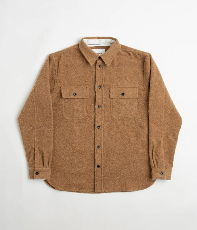 Jackets with multiple ventilation openings for airflow-Norse Projects Silas Textured Cotton Wool Overshirt - Camel