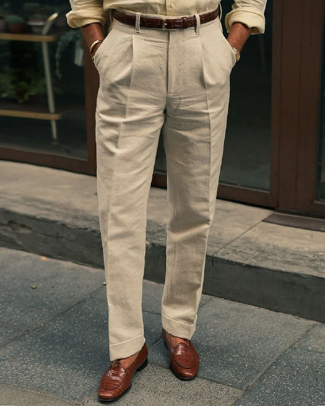 Waterproof pants for rainy weather-Pleated Linen Vintage Cream Birdseye Pant