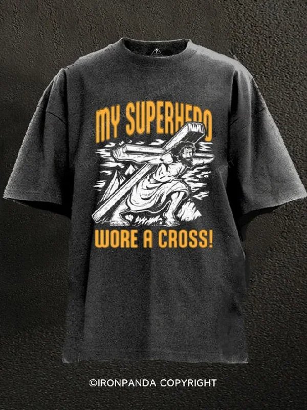 Custom T-shirts for school sports teams-My Superhero Wore a Cross Washed Gym Shirt