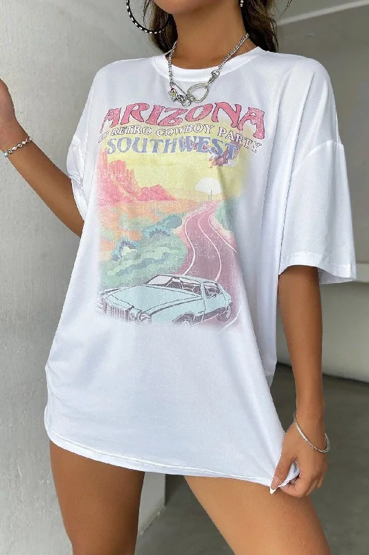 Vintage-style T-shirts for retro lovers-Unisex White Arizona Printed Oversize Shoulder Tee T-shirt