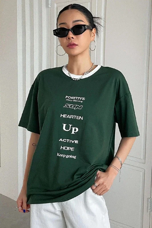 Custom T-shirts with funny quotes-Unisex Green Collar White Positive Oversize T-shirt Shoulder Tee