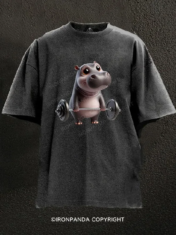 Custom T-shirts with detailed designs for unique fashion-Hippo weightlifting Washed Gym Shirt