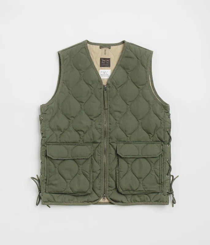 Soft and cozy jackets for lounging at home-Taion Military W-Zip Lace Up V Neck Down Vest - Olive