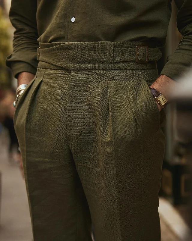 Pants with side zippers for extra style and practicality-Gurkha Pant in Linen Cotton Canvas: Olive