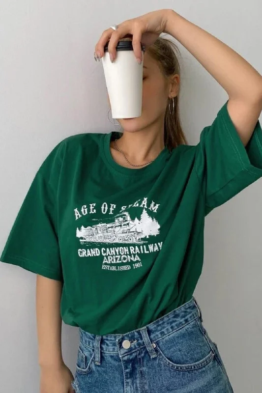 Best cotton T-shirts for casual wear-Unisex Green Age Of Steam Printed Oversize T-shirt