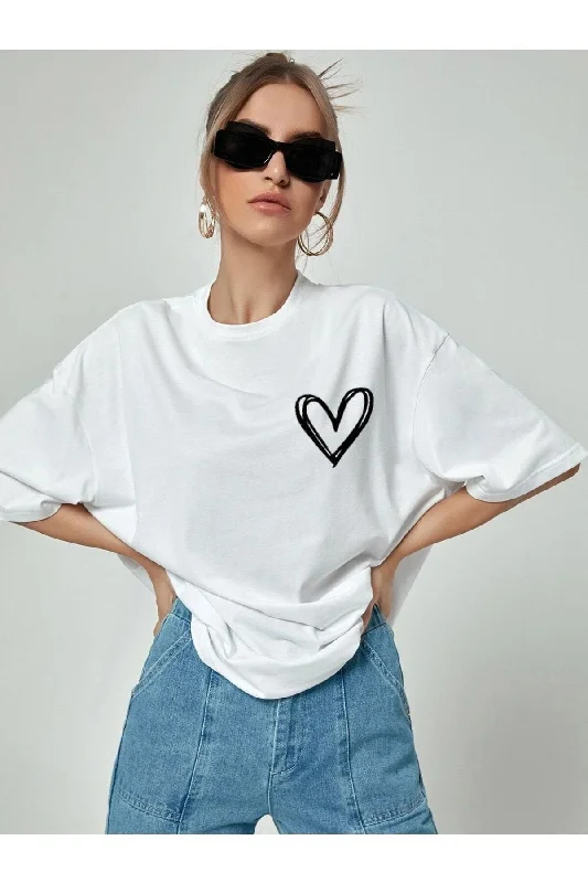 High-quality cotton T-shirts for breathable comfort-Minimal Heart Printed White Oversize Tshirt