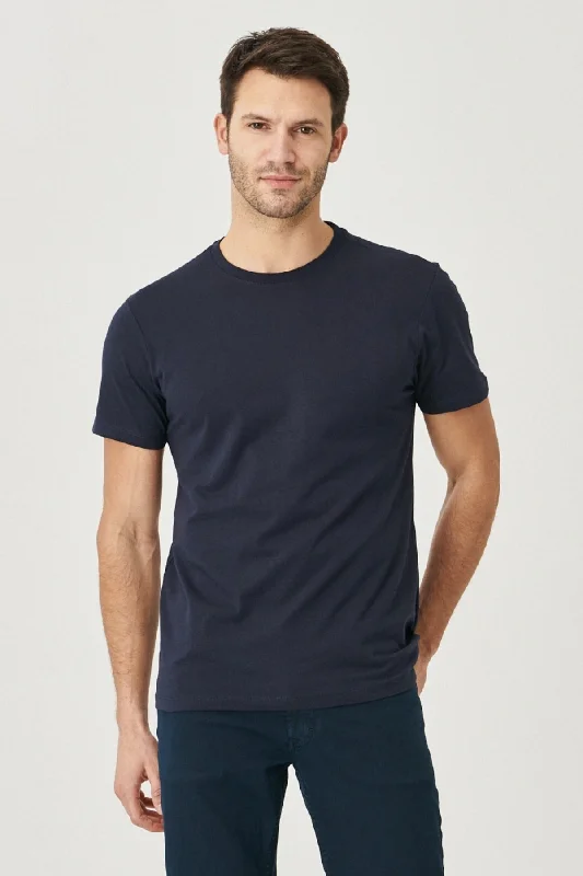 Cool graphic T-shirts with sports themes-Men's Navy Blue 100% Cotton Slim Fit Slim Fit Crew Neck Short Sleeved T-Shirt