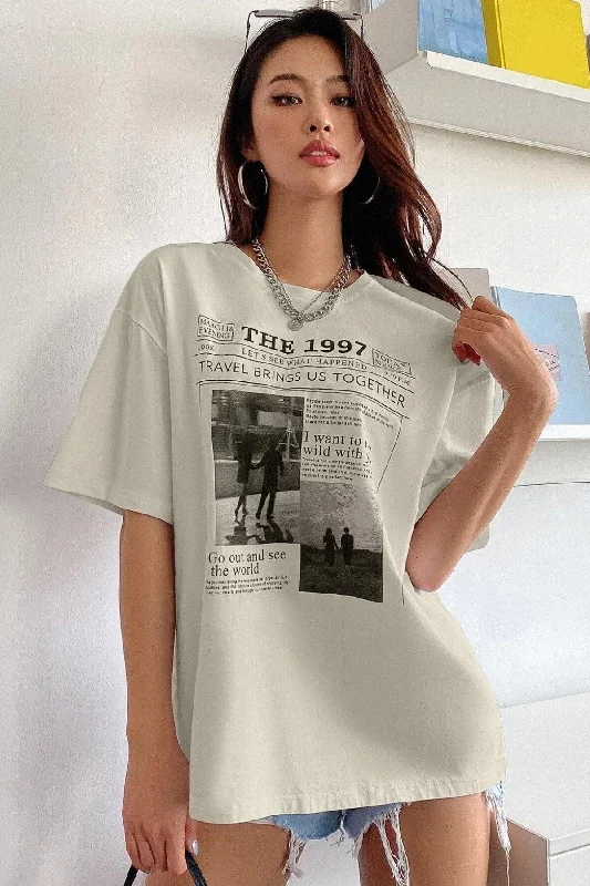 Lightweight T-shirts for warm weather-Women's Beige The 1997 Printed Oversize T-shirt