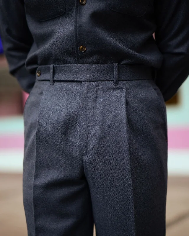 Comfortable pants for everyday wear-Pleated Dugdale Navy Blue Wool Flannel High Rise Dress Pant