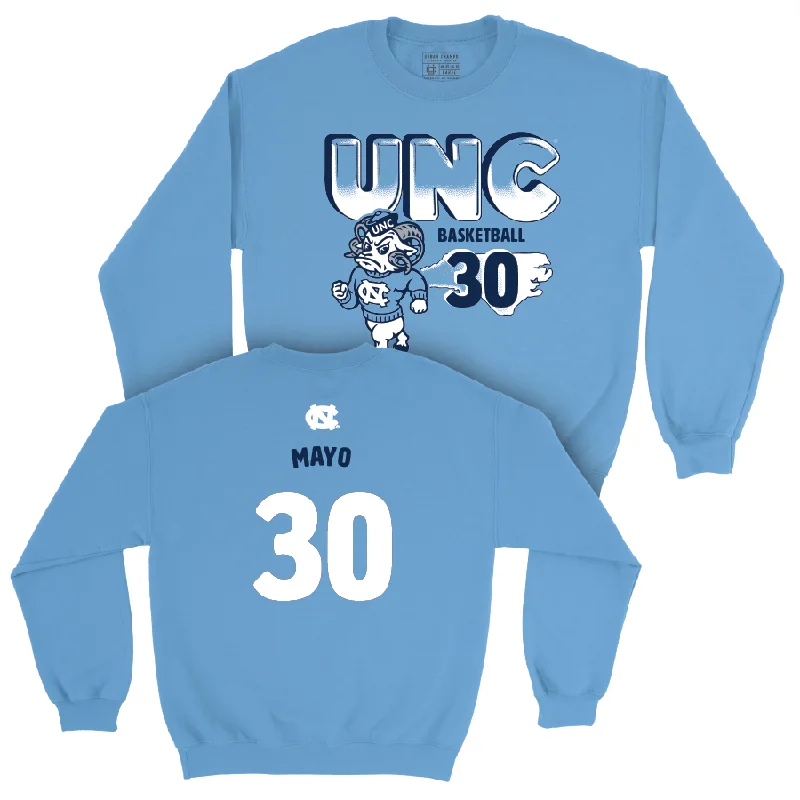 Long sleeve shirts for school uniforms and spirit wear-UNC Men's Basketball Mascot Carolina Blue Crew  - Dante Mayo