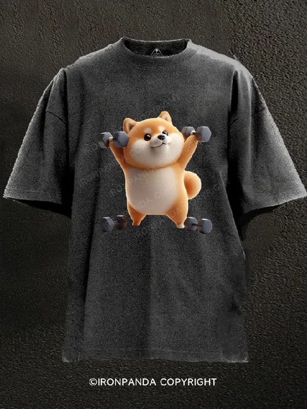 Long-sleeve T-shirts for cooler weather-Shiba with weights Washed Gym Shirt