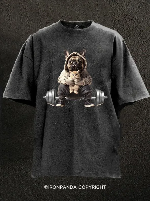 T-shirts for art lovers with custom prints-Weightlifting dog and cat Washed Gym Shirt