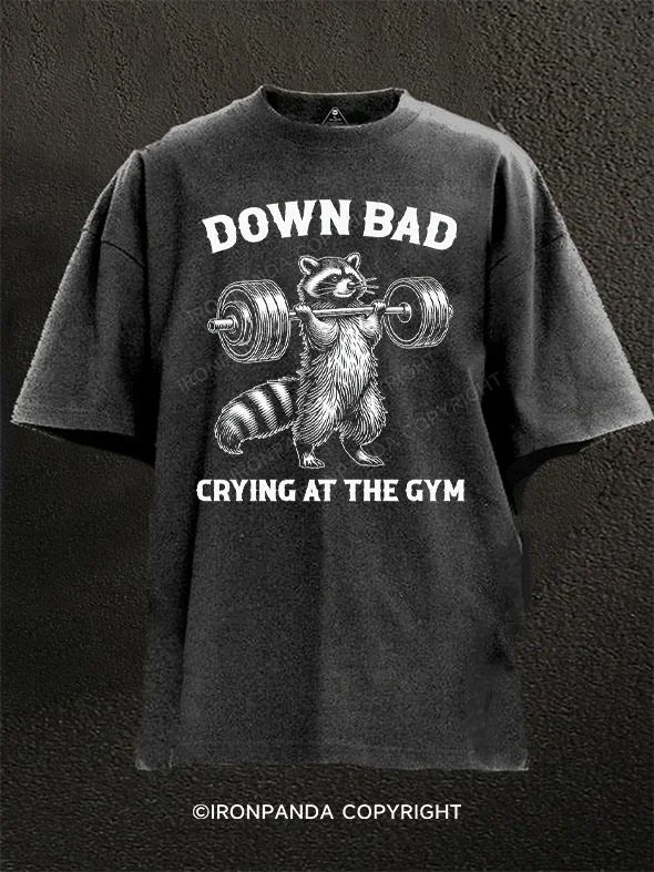 Unique T-shirts with creative illustrations-Down Bad Crying At The Gym raccoon Washed Gym Shirt