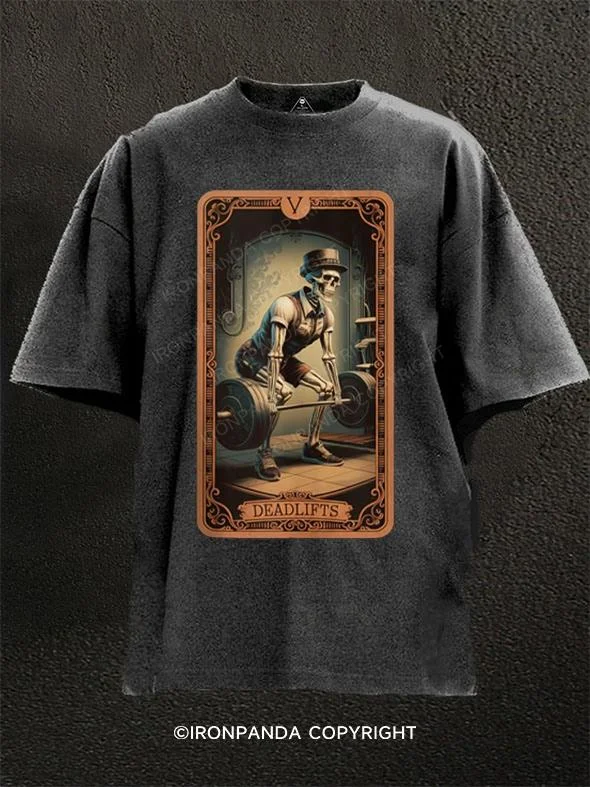 Custom T-shirts with catchy phrases for marketing-Retro tarot skeleton weightlifting Washed Gym Shirt