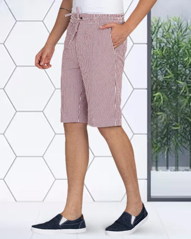 Casual pants for weekends and relaxation-Rose Red White Bengal Stripes Seersucker Shorts